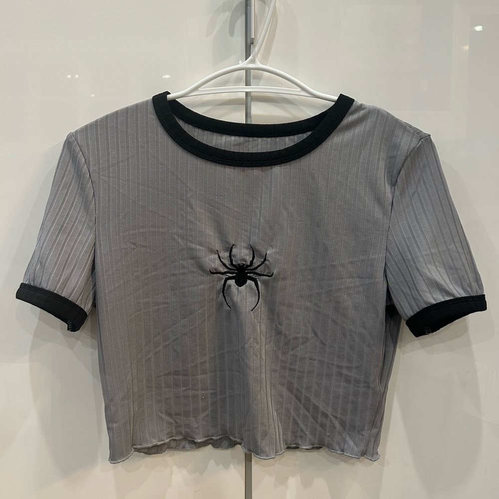 SHEIN Gray Crop Top with Spider Embroidery